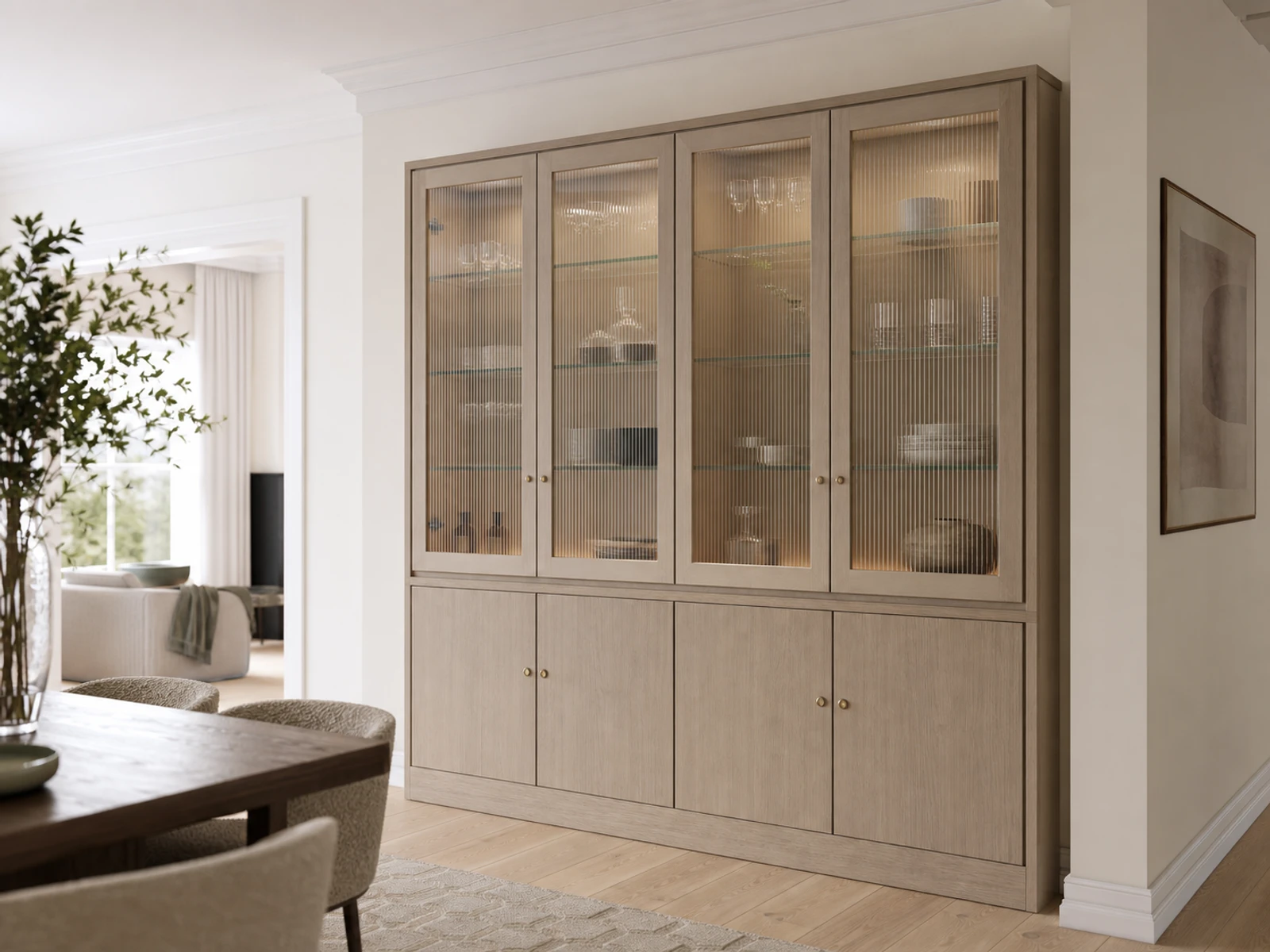Fluted glass display cabinet with upper ribbed glass doors and a closed lower storage base.