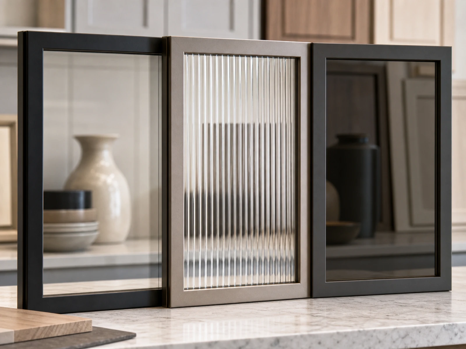 Clear, fluted and smoked glass cabinet door samples showing different visibility levels.