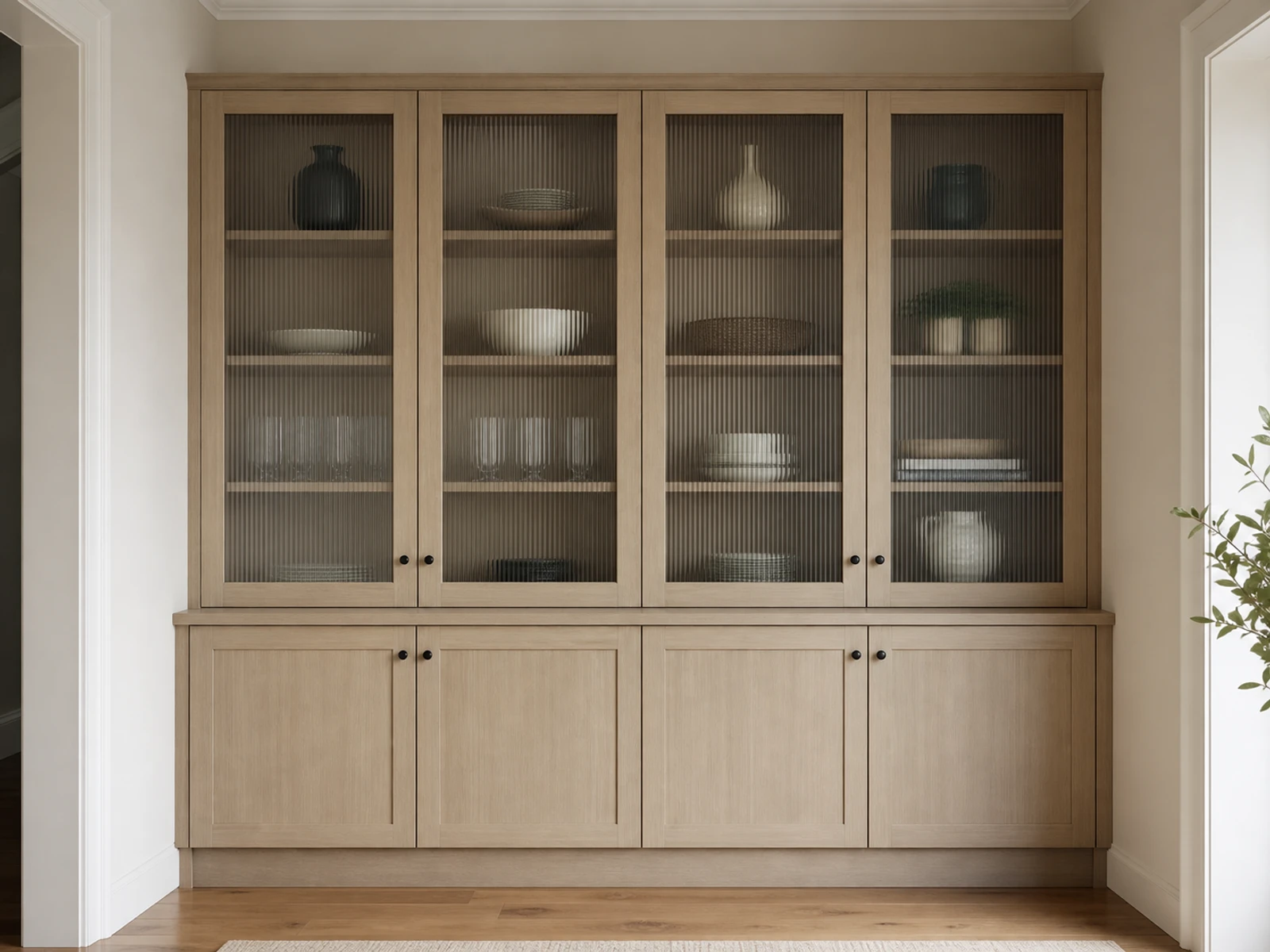 Display cabinet with upper fluted glass doors and lower closed cabinet storage.