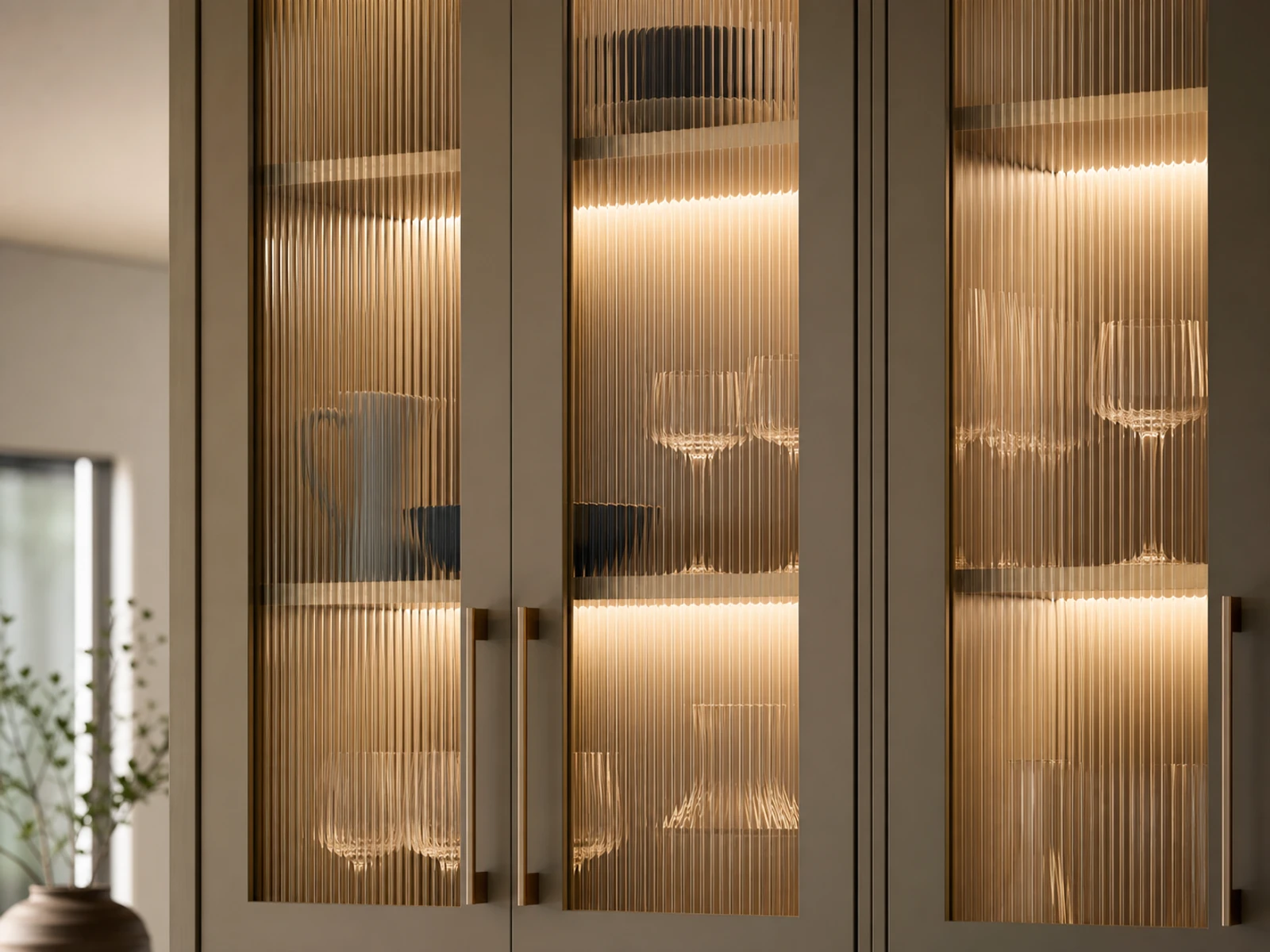 Soft cabinet lighting behind fluted glass doors with simple glassware silhouettes.