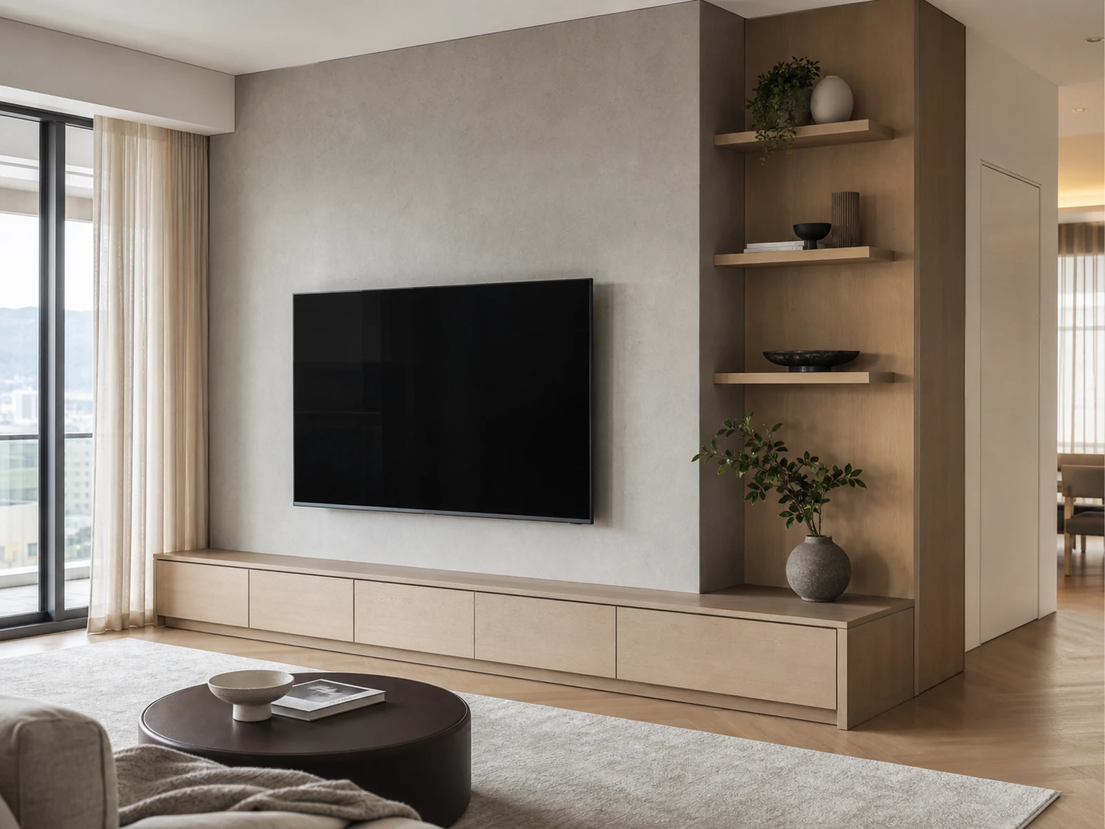 Low profile TV console with cable access near an awkward media wall and structural column.
