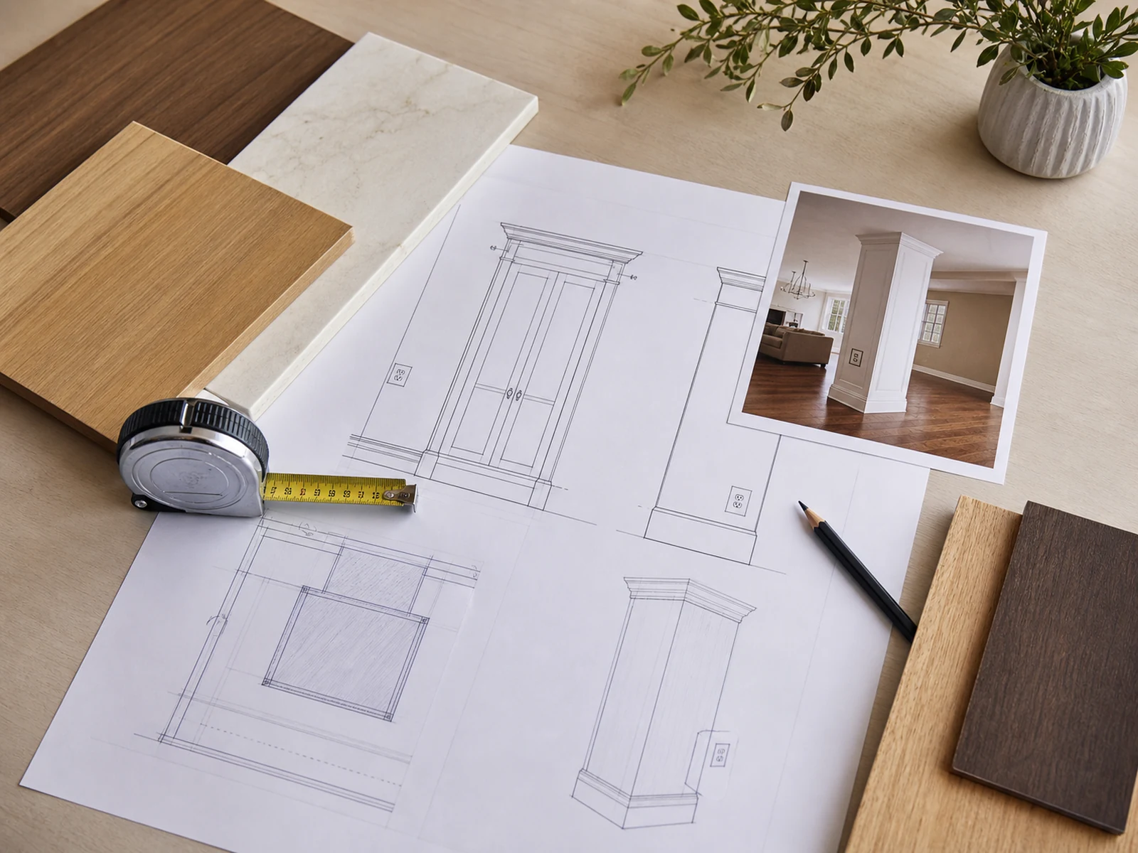 Column measurements, cabinet drawings, material samples and outlet notes prepared for a custom cabinetry project.
