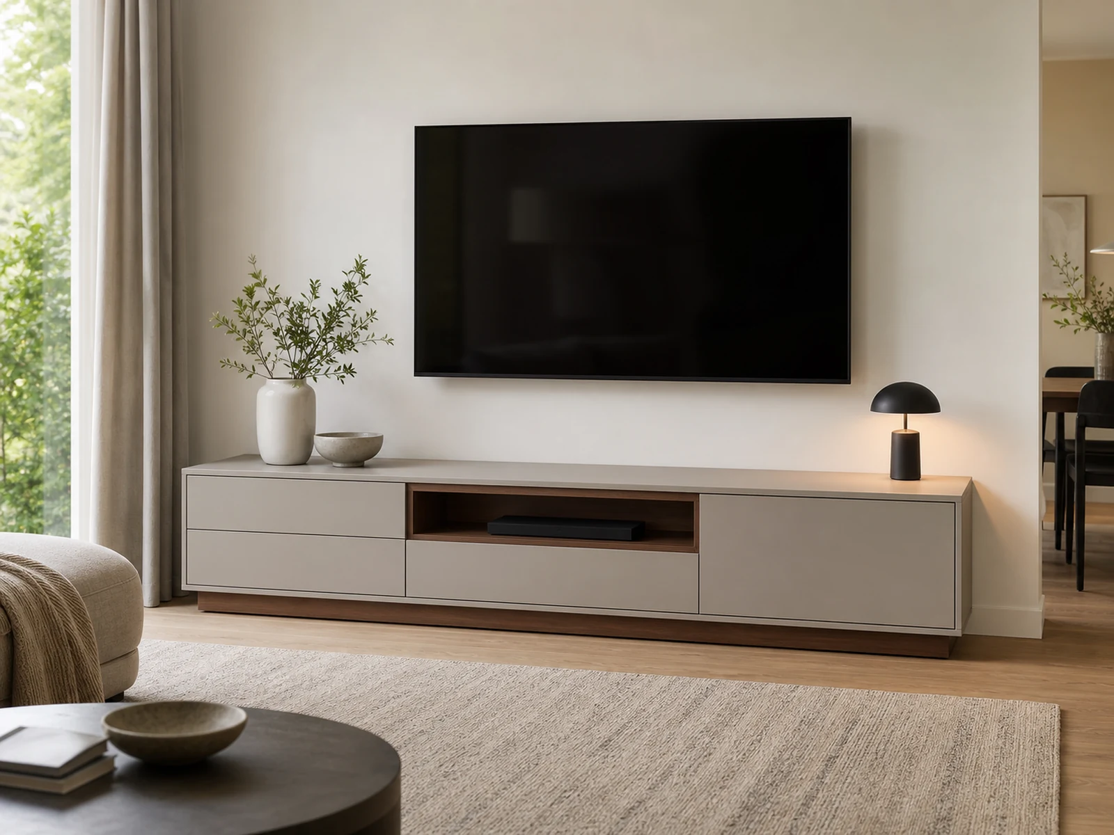 Low profile TV console with drawers, flap doors and open niches under a wall mounted TV.