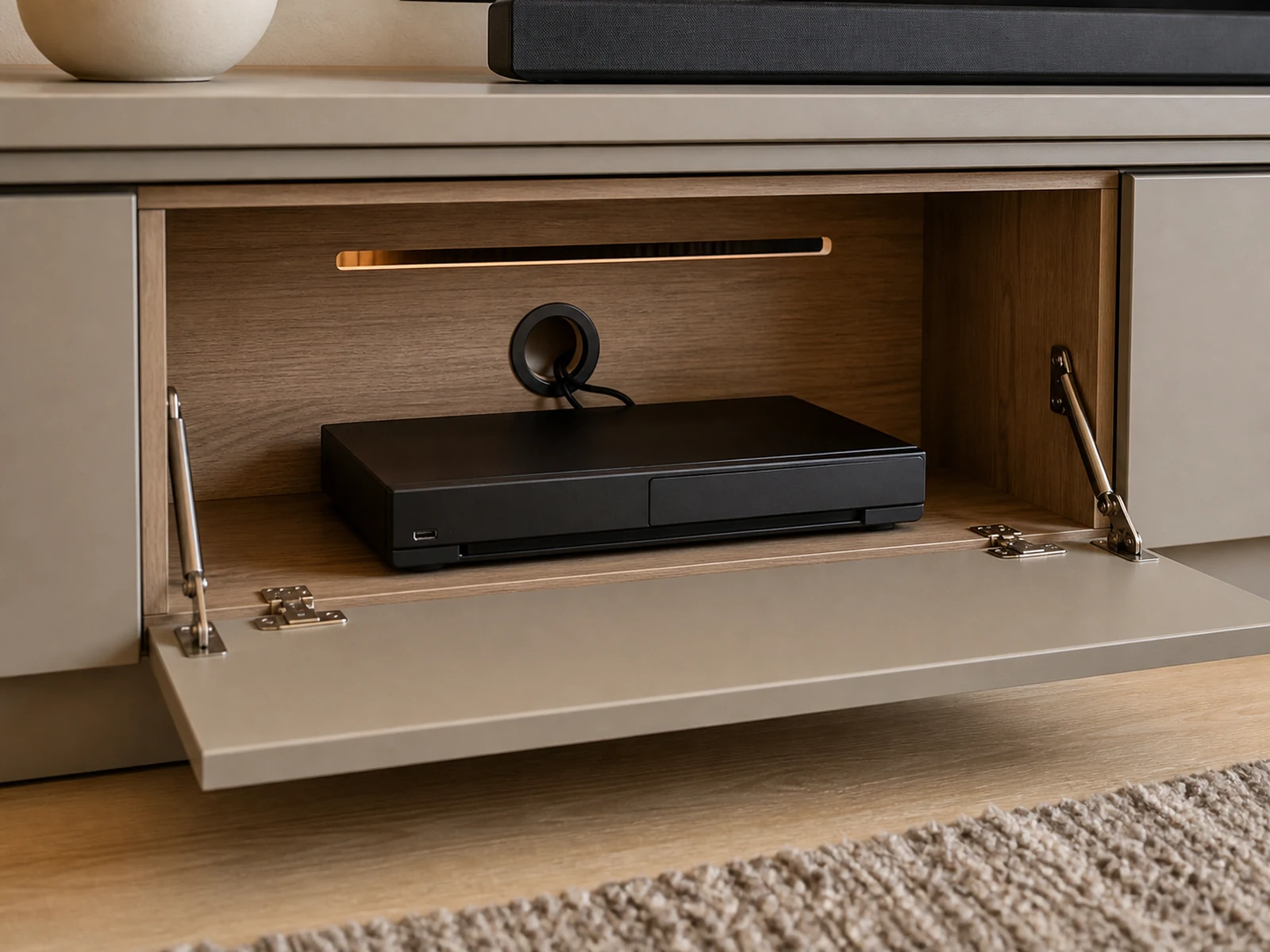 Flap door TV console compartment with media device, cable hole and ventilation slot.