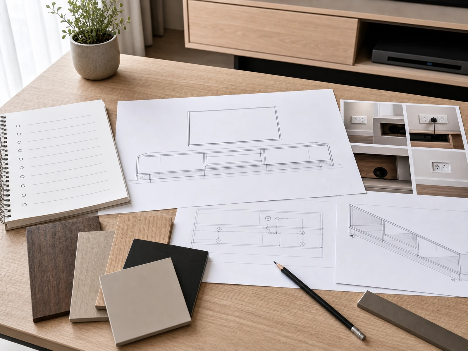 Cabinet drawing review for a low profile TV console with device list, outlet photos and cable route notes.