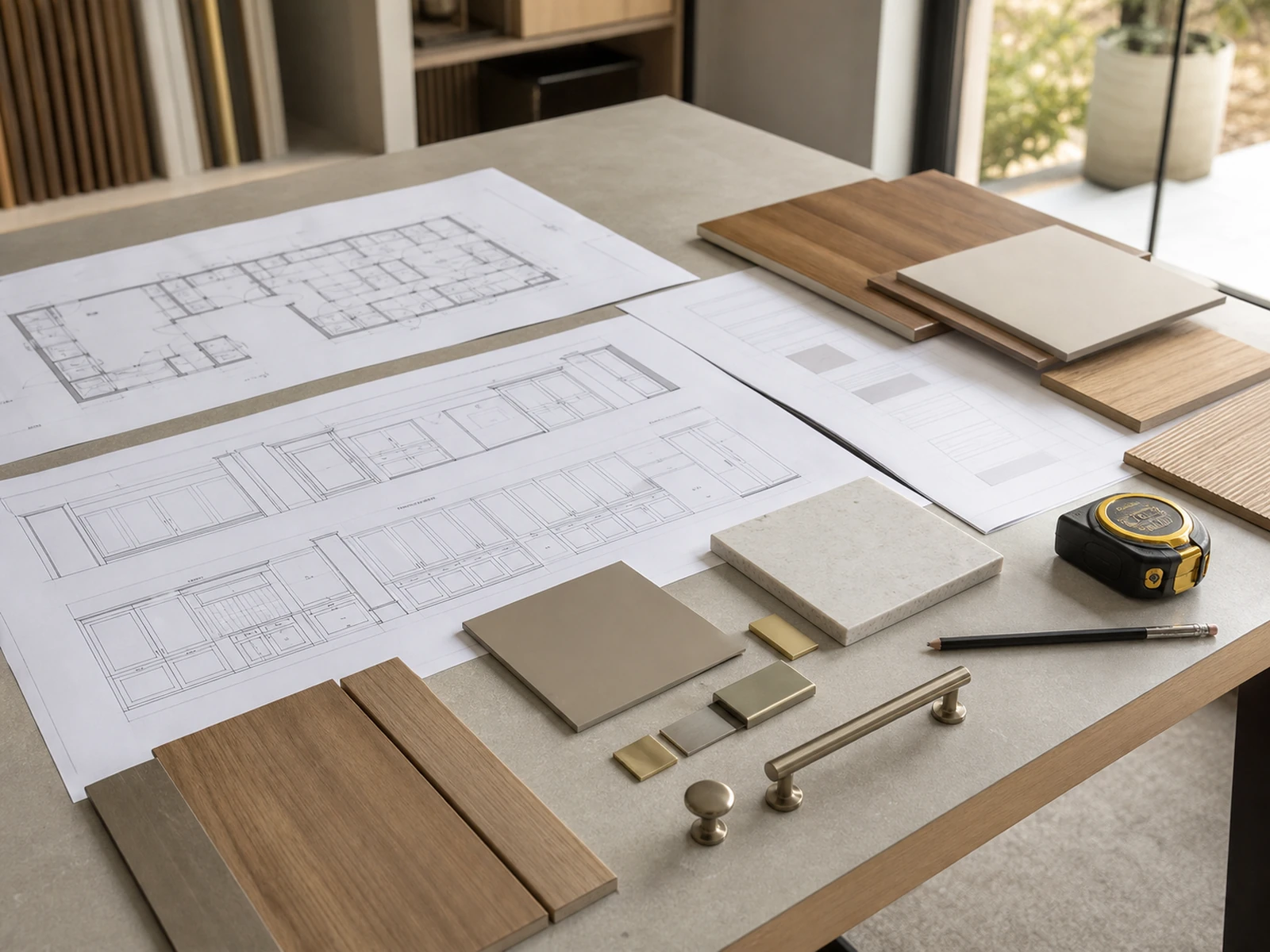 Villa cabinetry floor plans room schedule and material samples prepared before shop drawings.