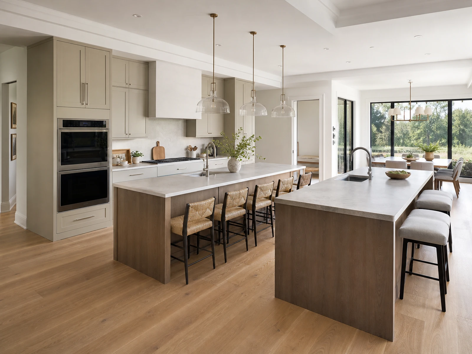 Double island villa kitchen with prep sink planning notes and cabinet drawing details.