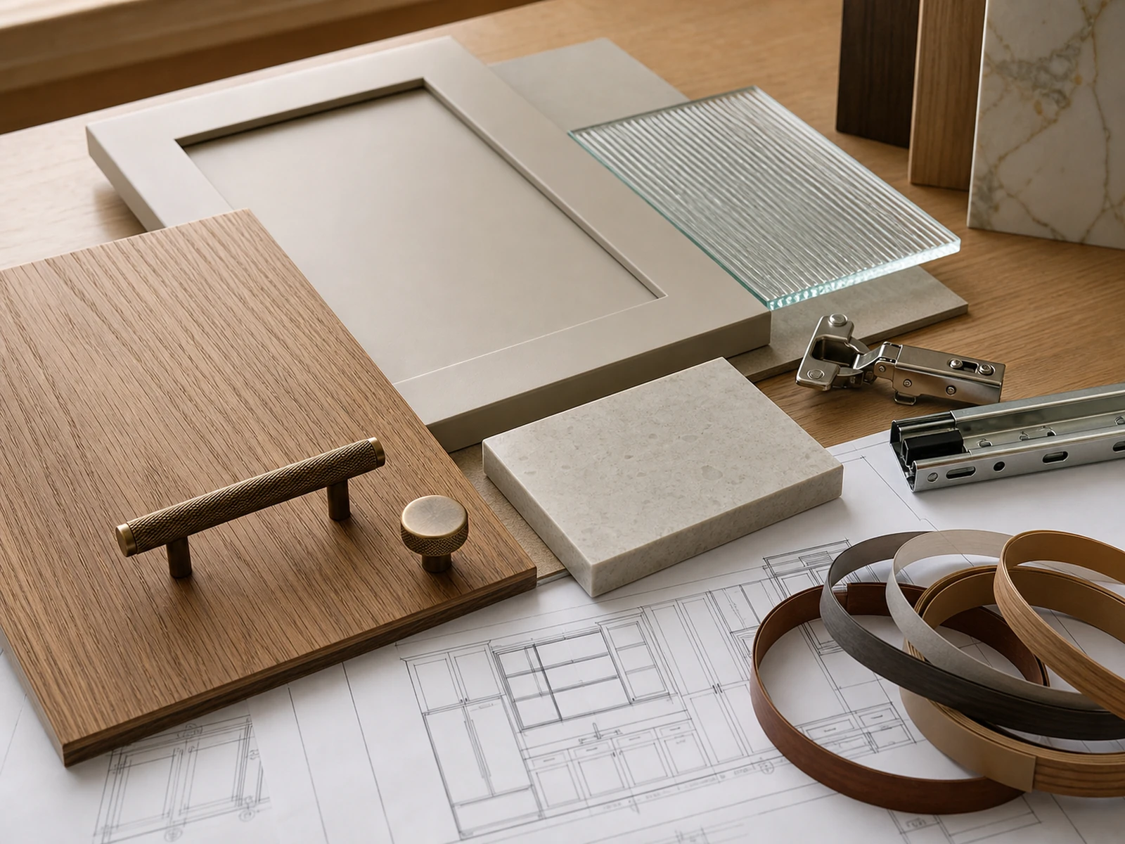 Cabinet finish samples hardware and shop drawing sheets for a villa furniture project.