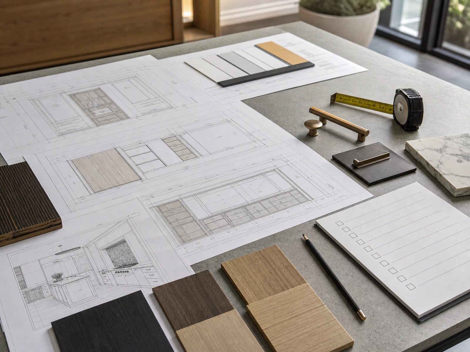 Final villa cabinetry approval checklist with drawings samples and measurement notes.