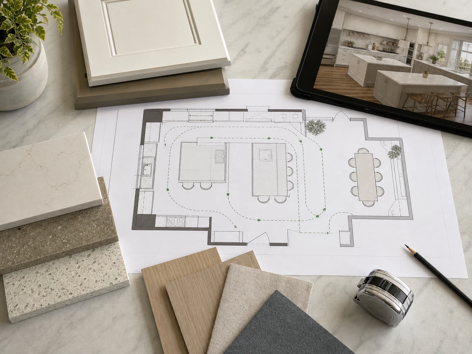 Planning view of a double island kitchen with walkway paths around seating and prep zones.
