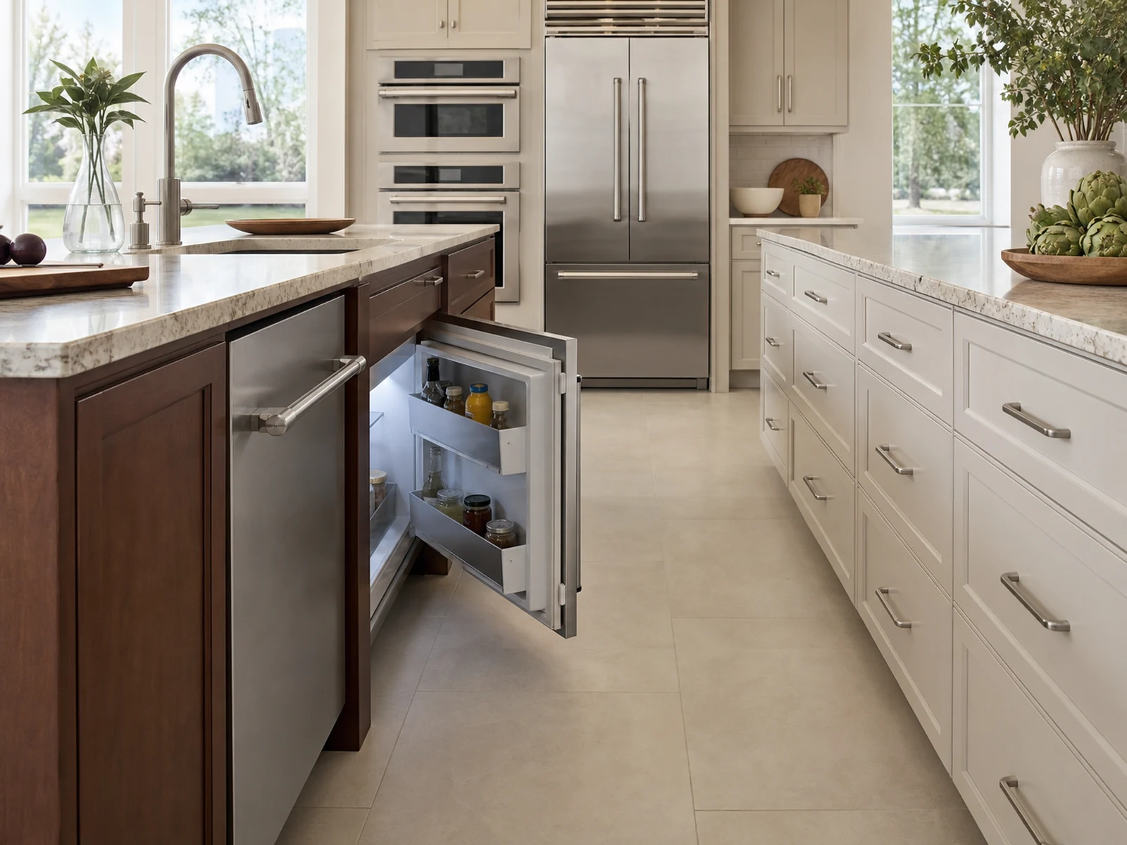 Double island kitchen with open refrigerator and dishwasher doors checked against the walking aisle.