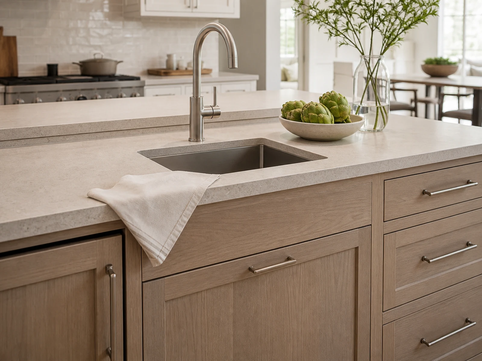 Prep sink island cabinet detail with sink base storage and nearby drawer zones.