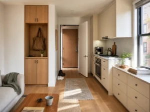Compact apartment with coordinated built-in cabinetry along entry, kitchen and window walls