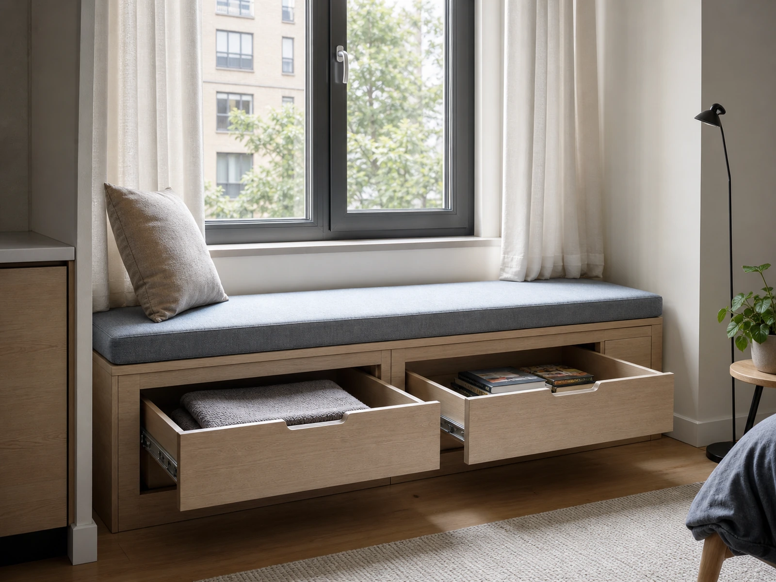 Window seat storage drawers with clear access to the apartment window