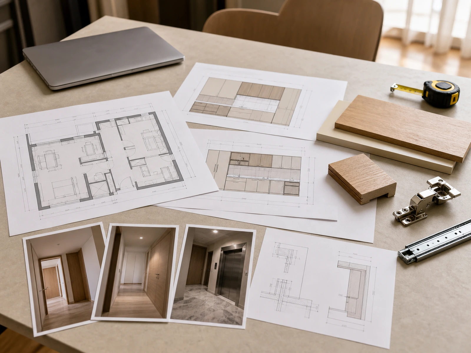 Apartment cabinet drawings with finish samples and installation planning photos