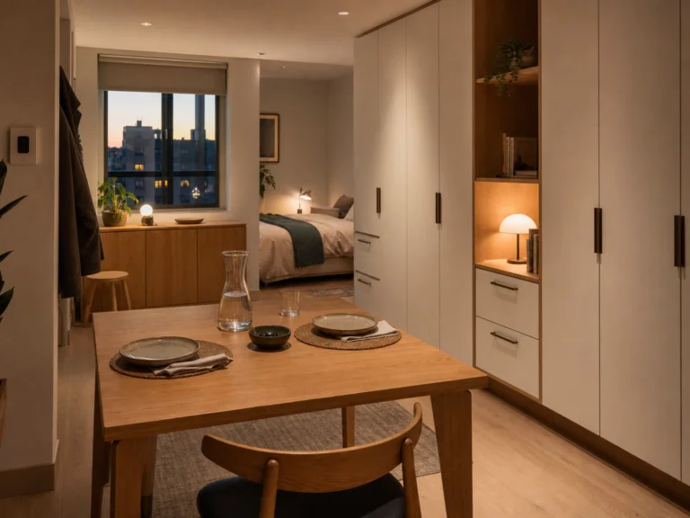 Studio apartment transitioning from a work setup to dinner with integrated storage and a clear table.