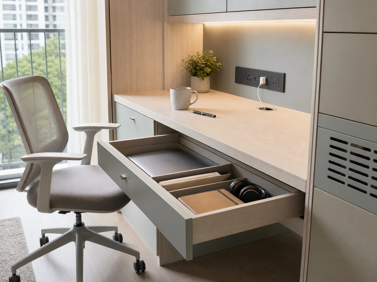 Compact studio work zone with built-in storage for a laptop, papers, headset, and charging cables.