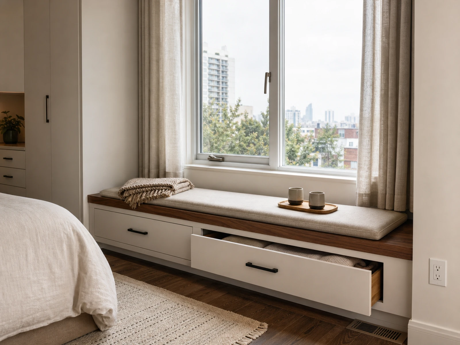 Low built-in window seat with storage drawers in a studio apartment, with curtains and window access kept clear.