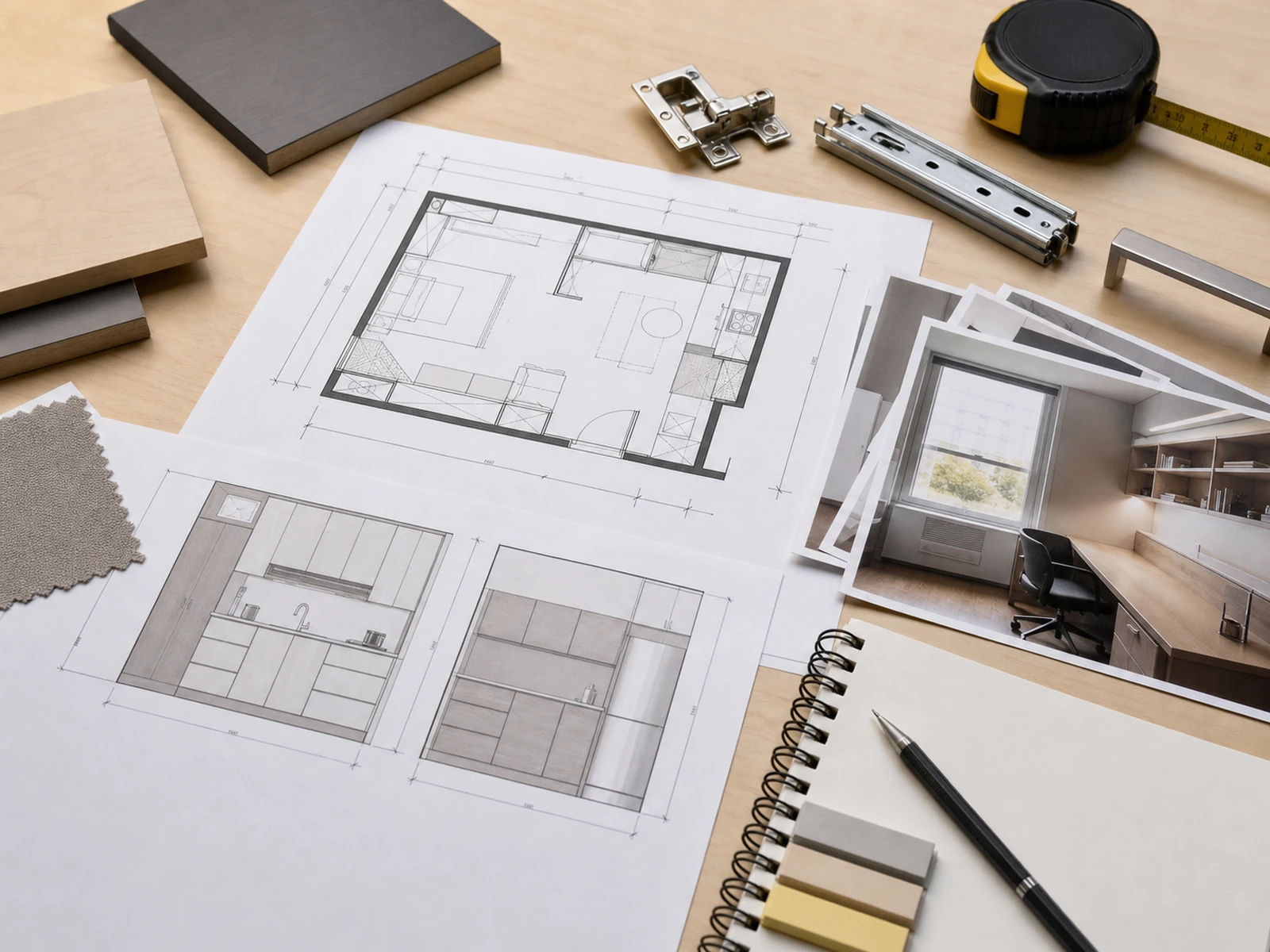 Measured studio apartment plan with cabinet elevations, finish samples, hardware, and site photographs.