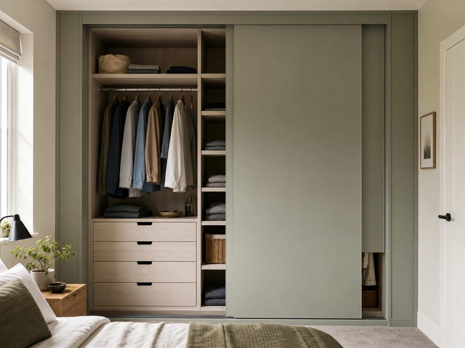 Partly open sliding wardrobe showing drawers, hanging zones, shelves, and the covered overlap area.