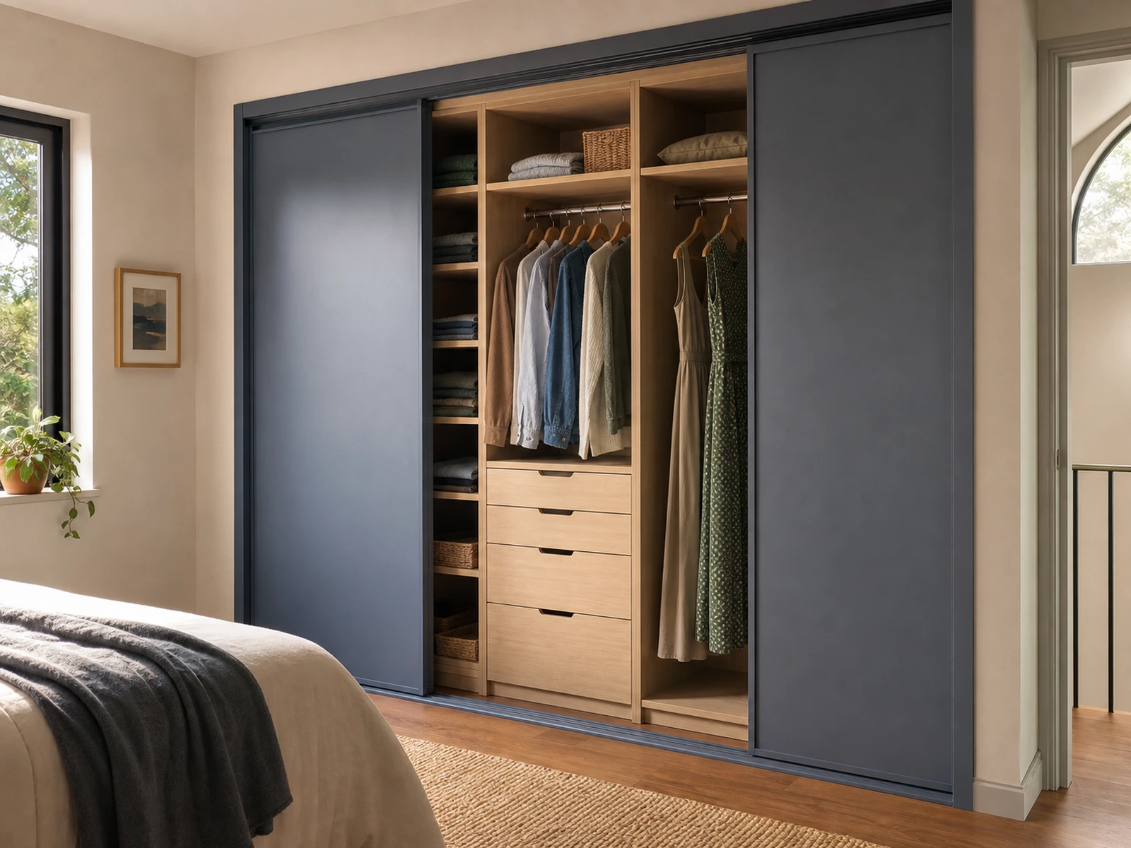Open fitted wardrobe with reachable drawers and a long-dress hanging section in a compact bedroom.