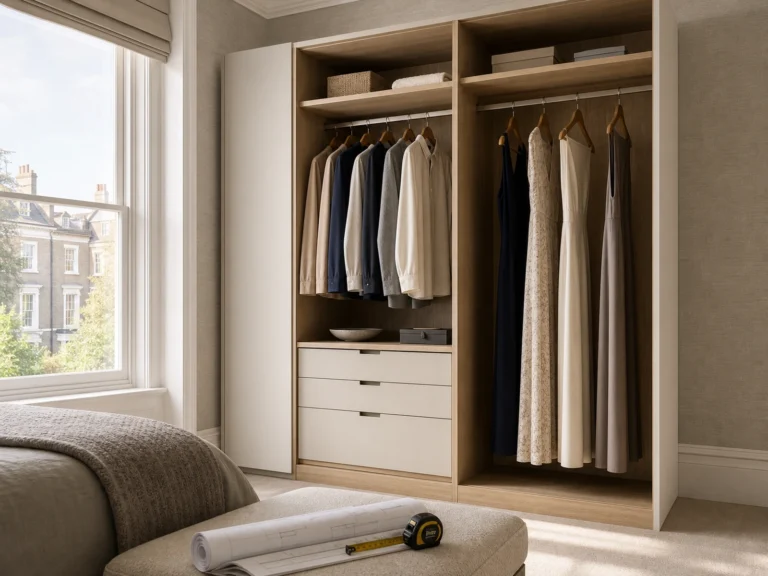 Open tall wardrobe with a dedicated bay for full-length dresses.