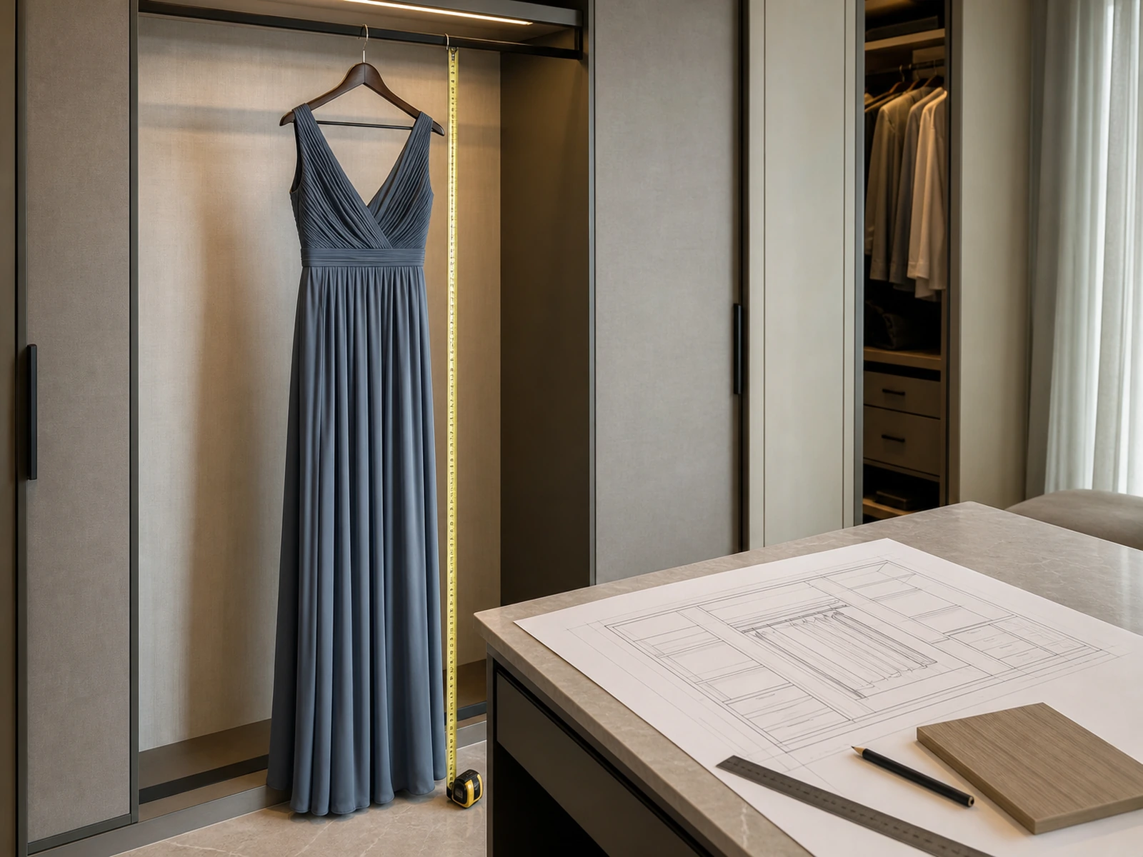 Long dress on its usual hanger beside a tape measure and wardrobe drawing.