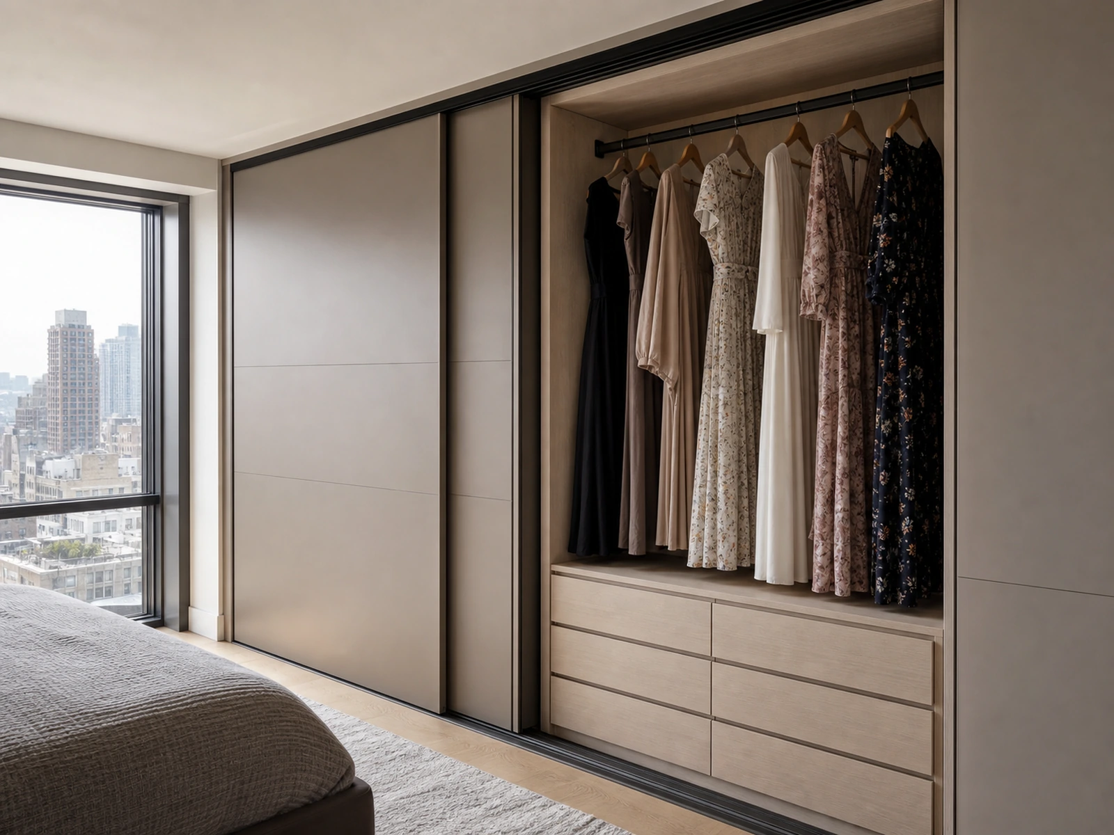 Sliding wardrobe opening aligned with a long-dress bay and lower drawers.