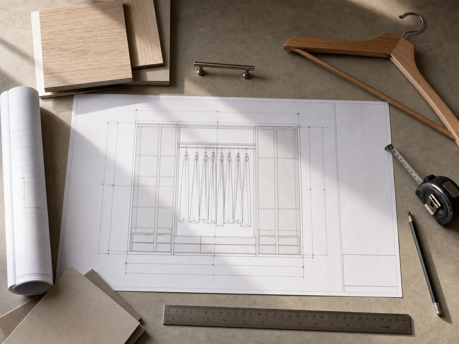 Wardrobe elevation review with measuring tools and cabinet finish samples.