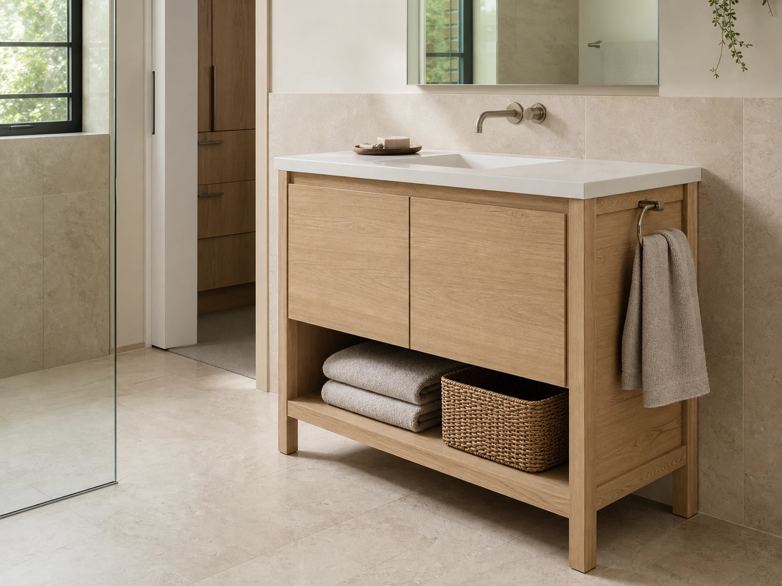 Floor-standing bathroom vanity with a restrained open bottom shelf and concealed plumbing.