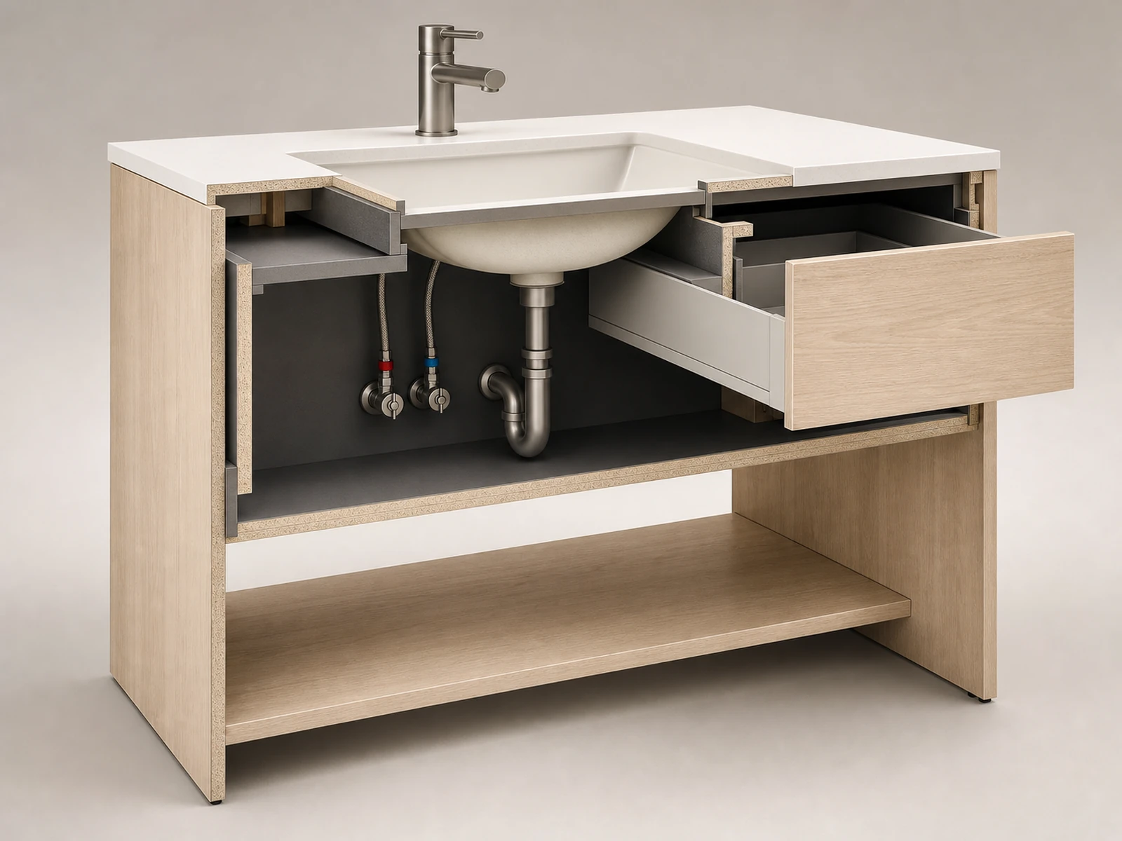 Cutaway vanity drawing showing basin, drain trap, drawers, closed service zone, and open shelf.