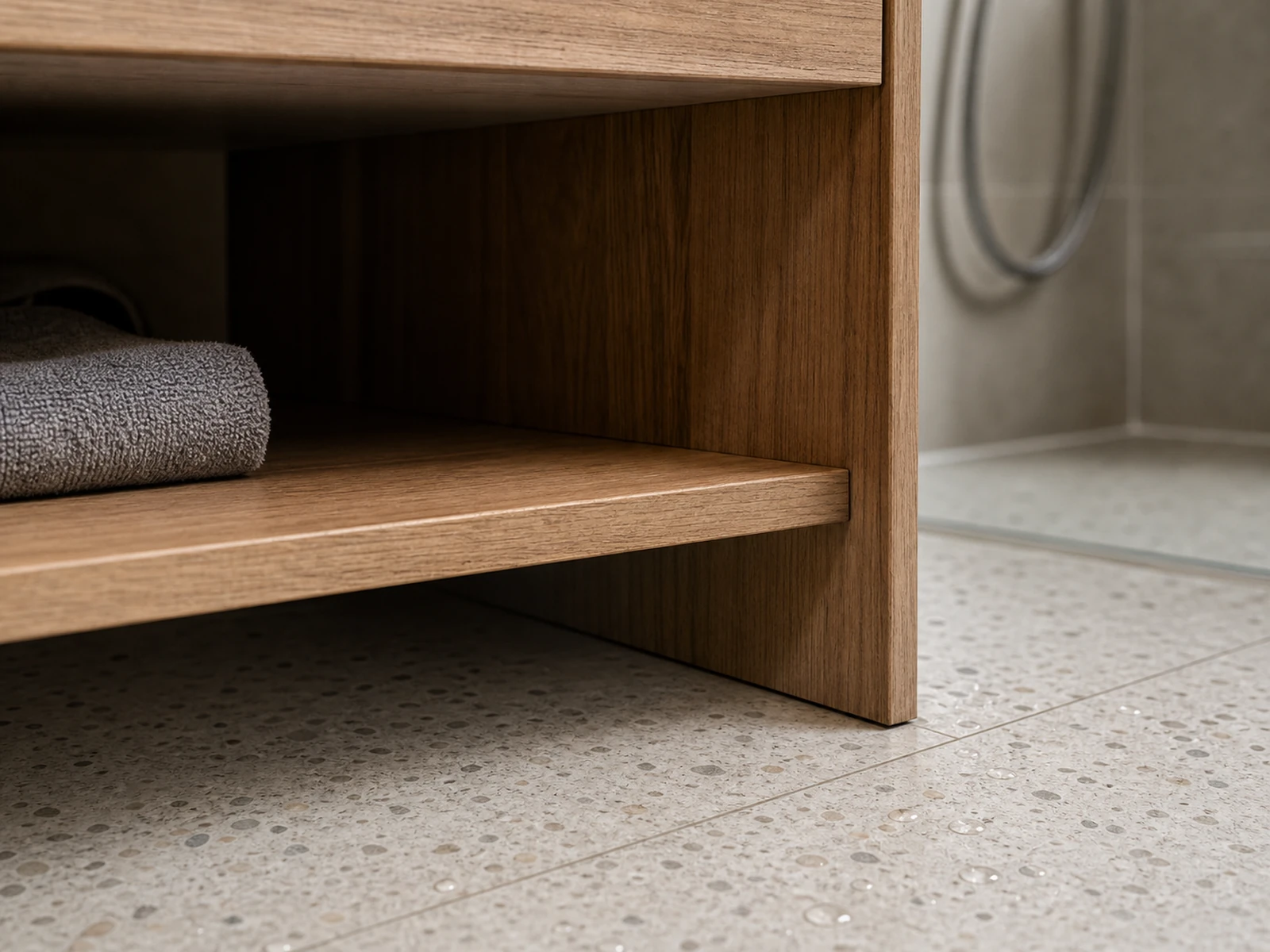 Close view of an oak-look vanity shelf edge, side support, and bathroom floor junction.