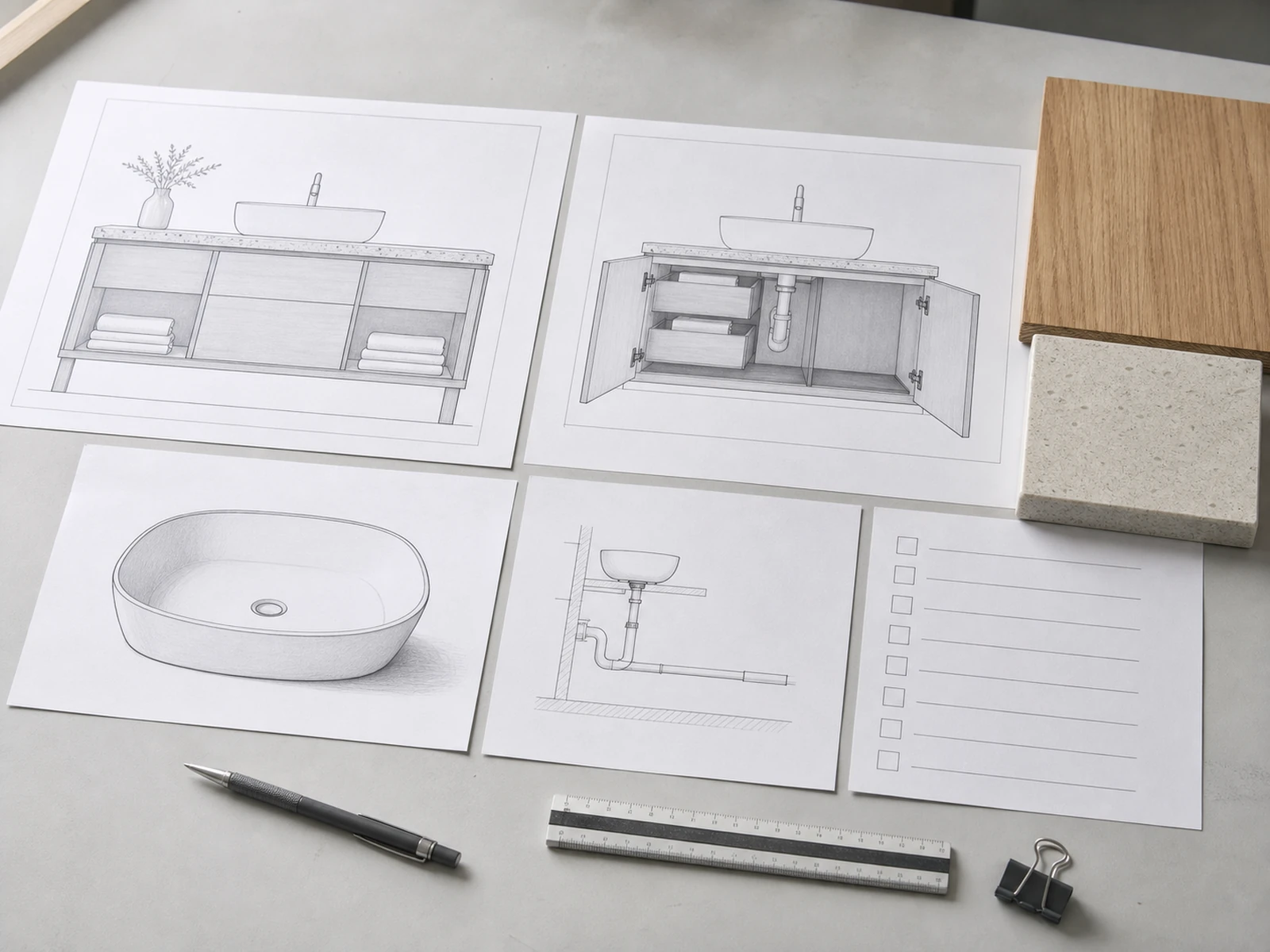 Bathroom vanity drawing review with elevation, internal view, basin data, and finish sample.