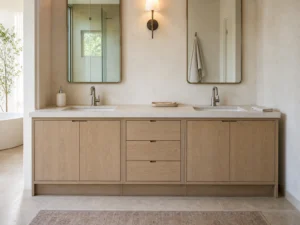 Double-sink bathroom vanity with doors below the basins and a central drawer stack.