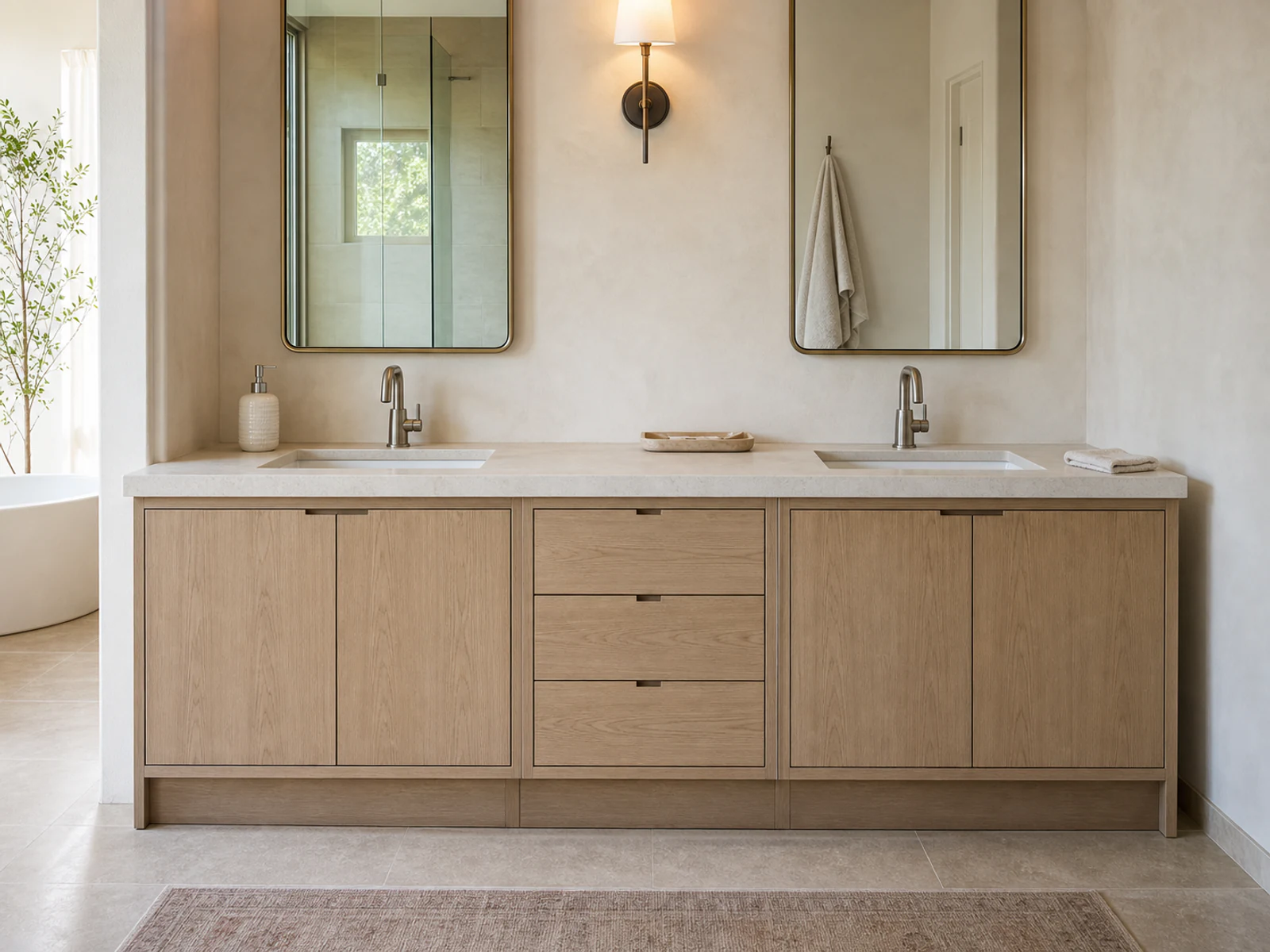 Double-sink bathroom vanity with doors below the basins and a central drawer stack.