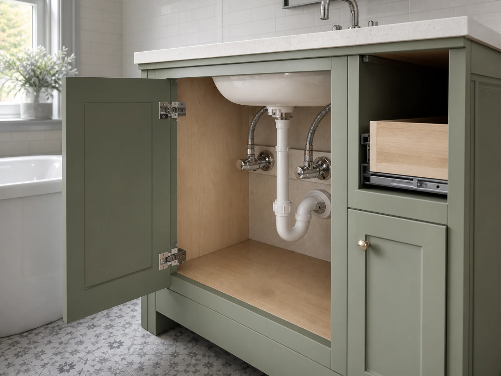 Cutaway vanity showing a basin, drain trap, valves, drawer box, and service route.
