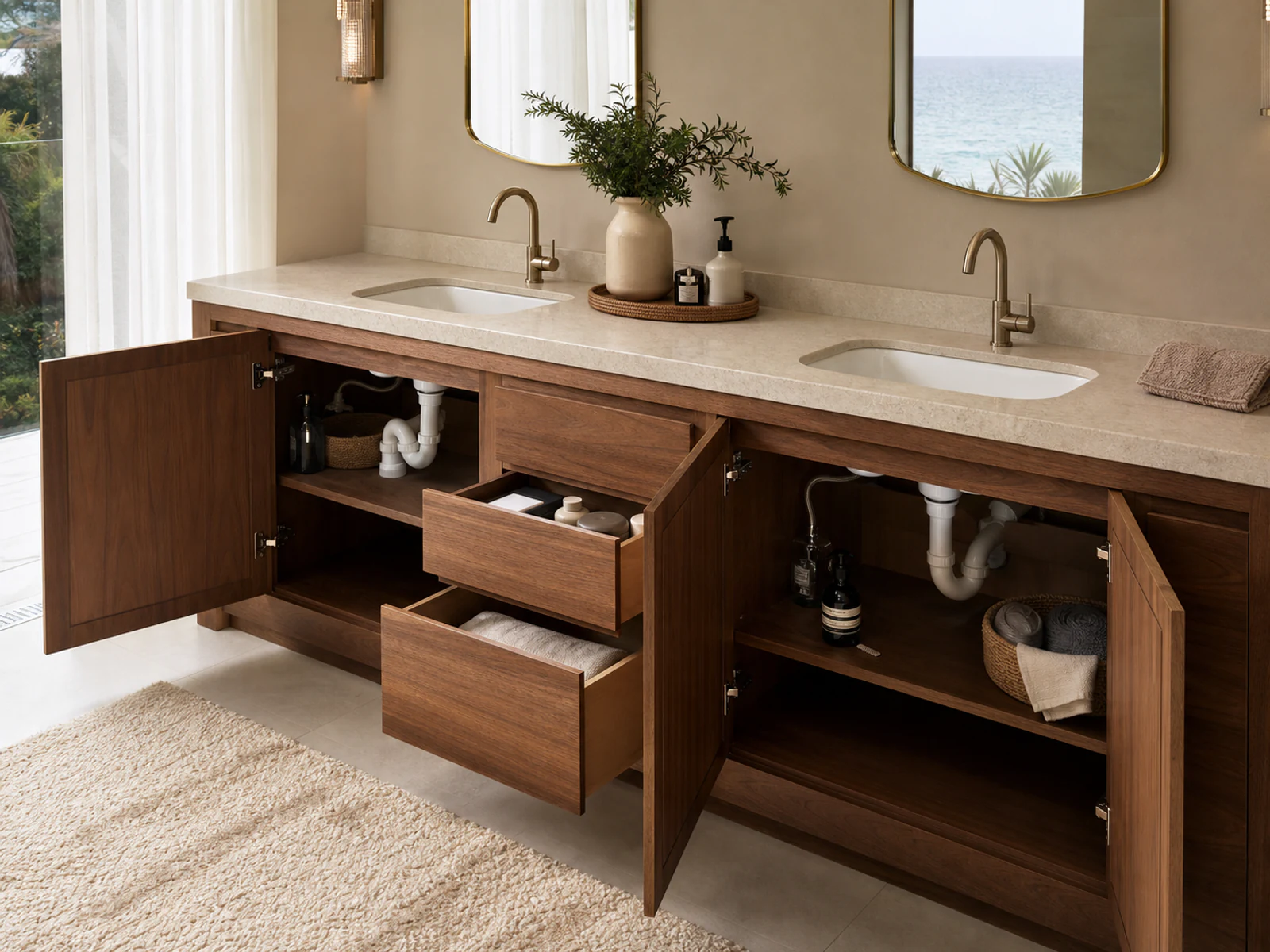 Open double-sink vanity revealing two plumbing zones and a central bank of full drawers.