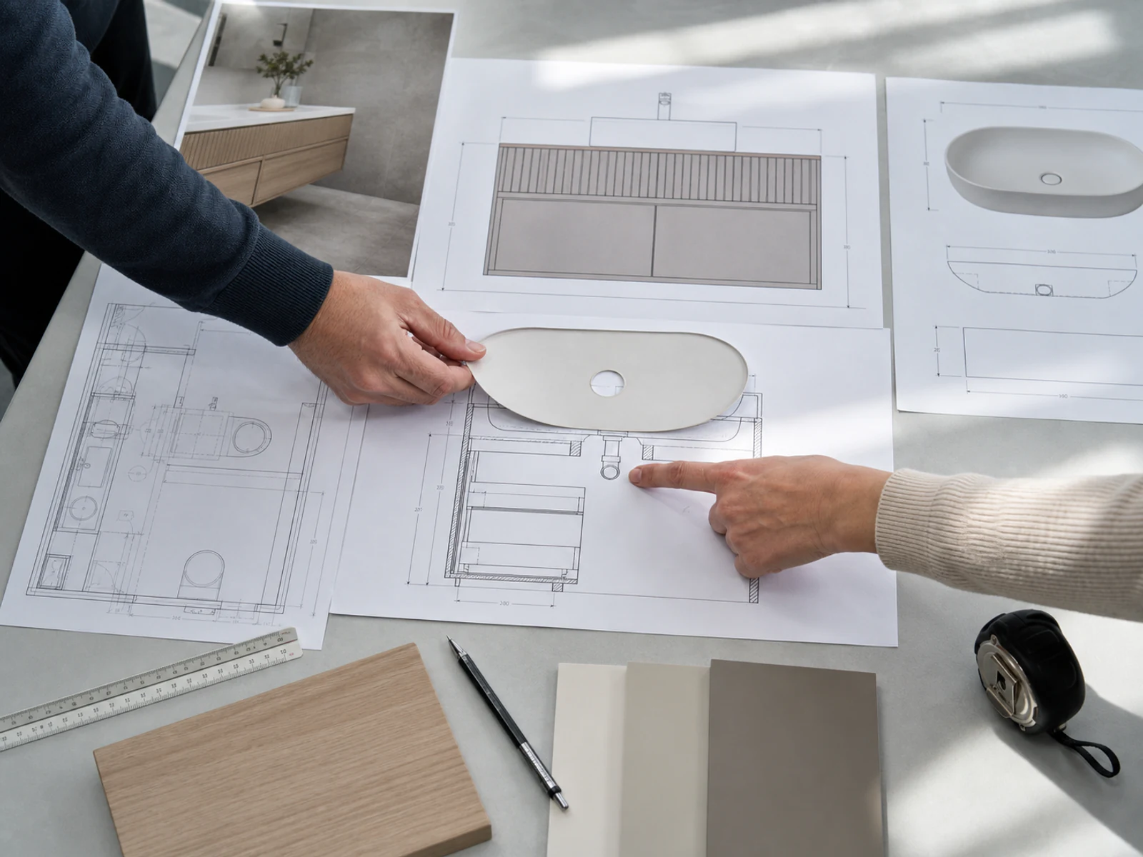 Vanity elevation, basin specification, and plumbing plan being reviewed together on a worktable.