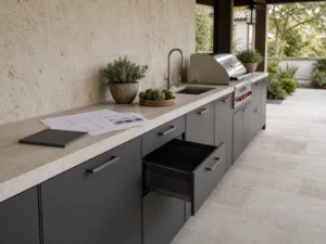 Covered outdoor kitchen with powder-coated aluminum cabinets and project specification documents.