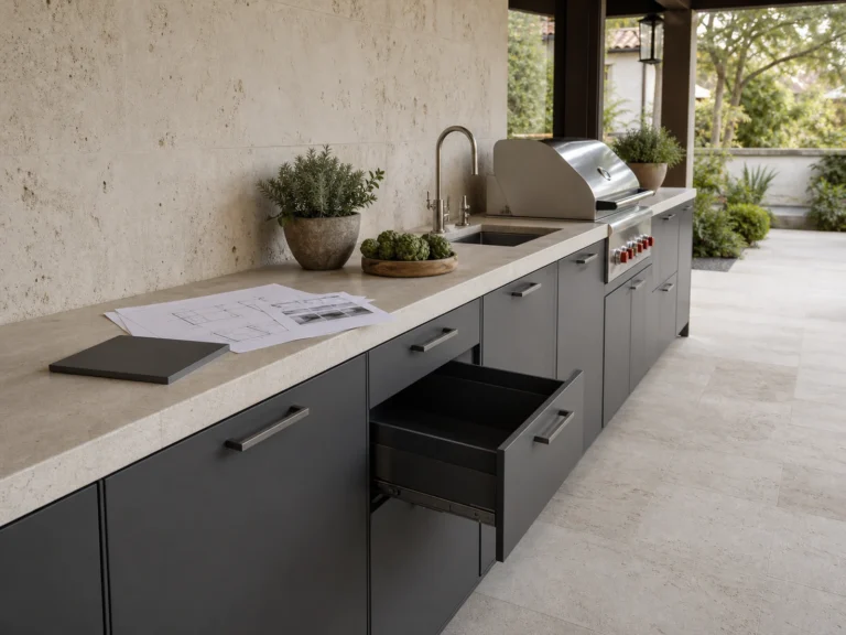 Covered outdoor kitchen with powder-coated aluminum cabinets and project specification documents.