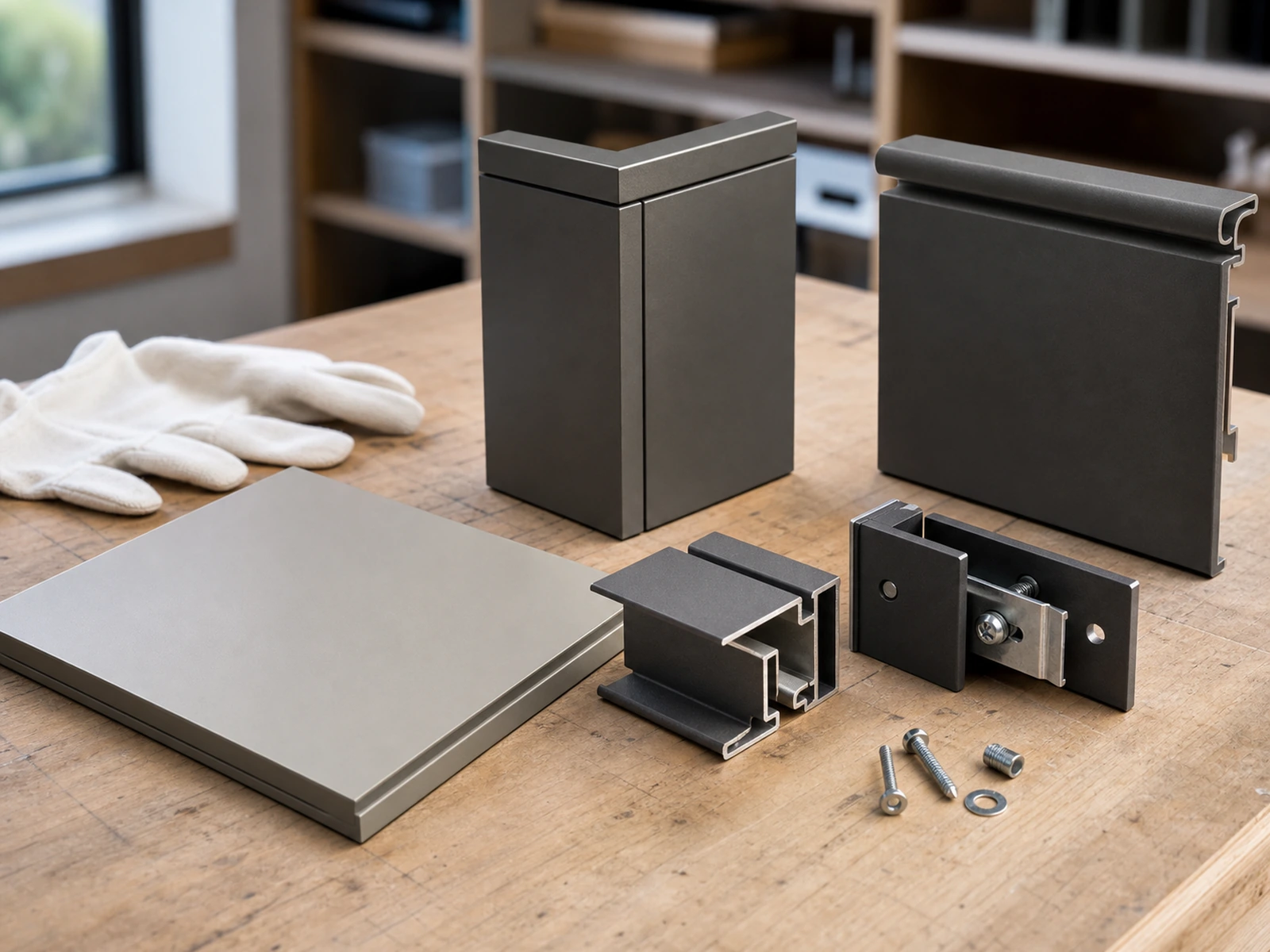 Pulverbeschichtete Aluminium-Schrankkante, Verbindung, Profil und Befestigungsmuster auf einer technischen Werkbank.