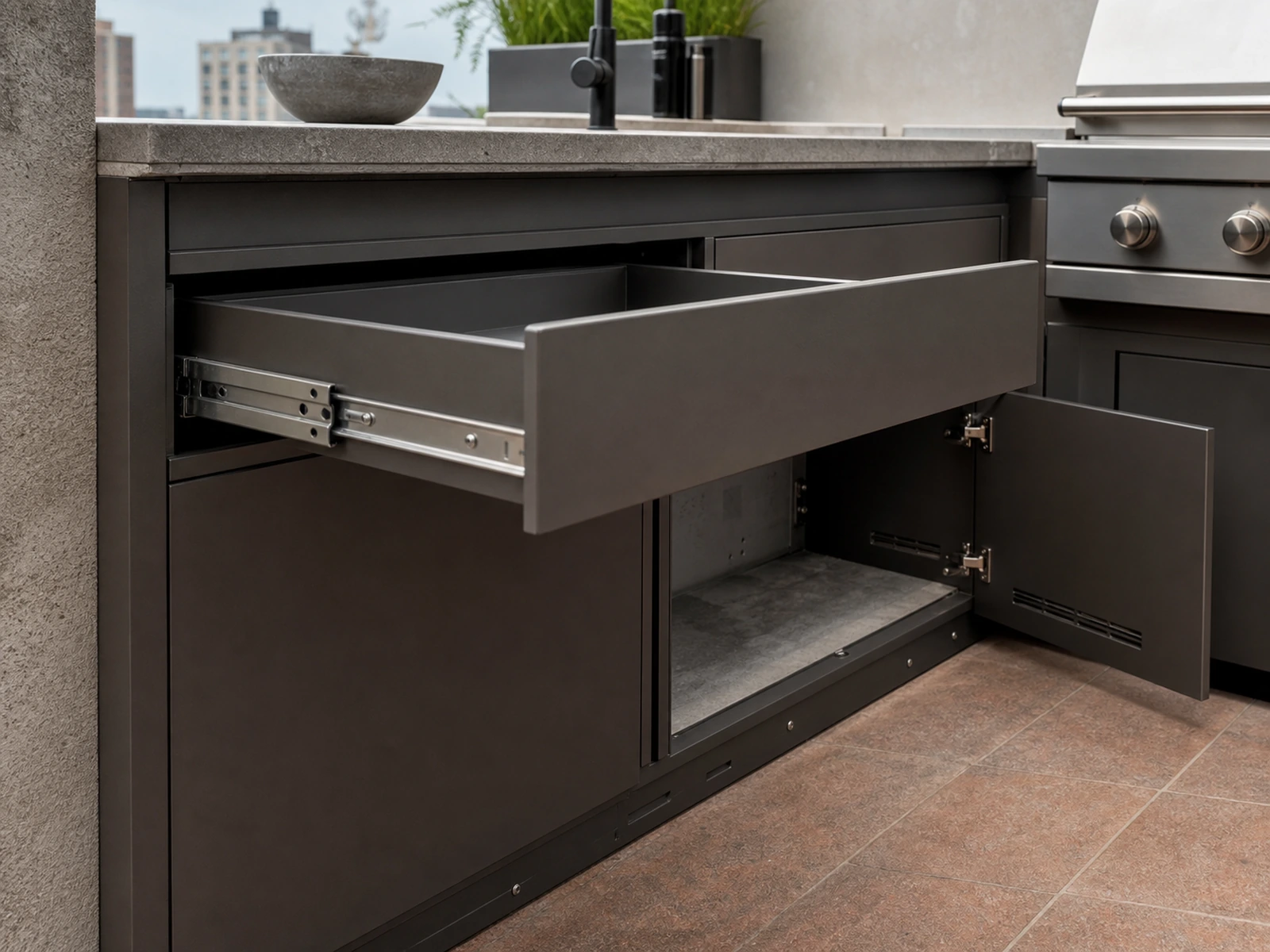 Offener Aluminium-Außenschrank mit Schubladen, der Hardware, Schranksockel und geplante Entwässerungs- und Belüftungsdetails zeigt.