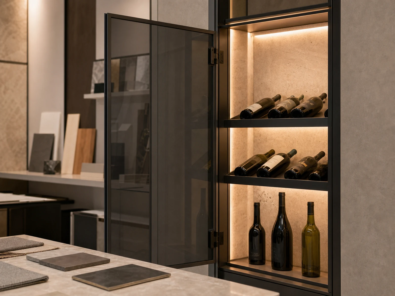 Smoked glass cabinet detail with wine bottles, warm backing, shelf edges, and restrained internal lighting.