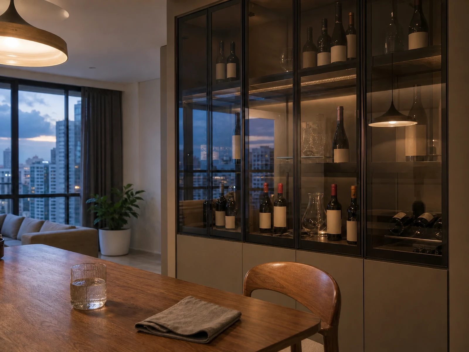 Open-plan dining area at early evening with controlled window and pendant reflections on smoked glass doors.