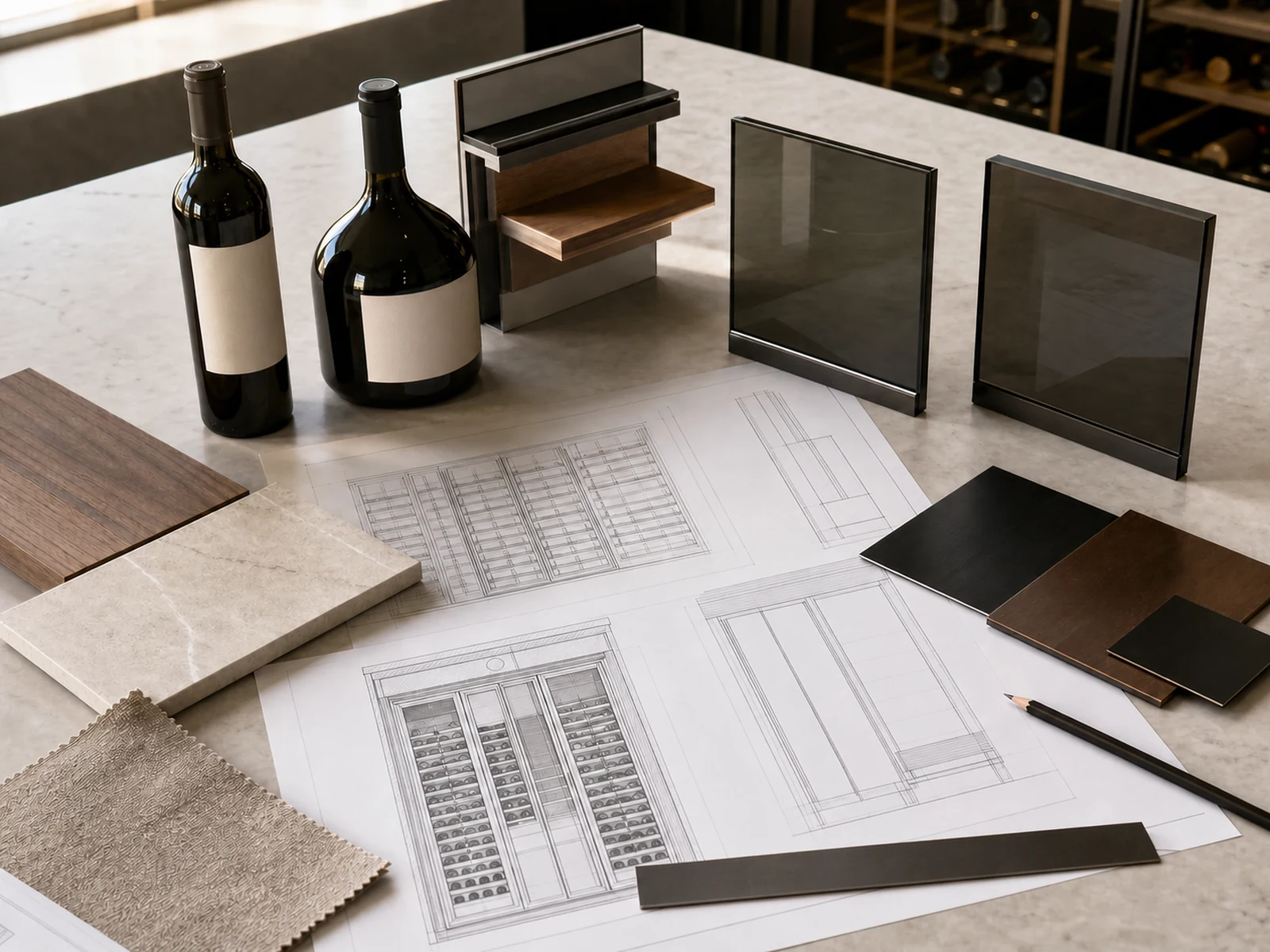 Smoked glass and dark metal samples beside wine cabinet elevation and shelf drawings.