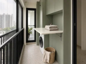 Compact apartment balcony laundry cabinet with an open fold-down counter beside a front-loading washer.