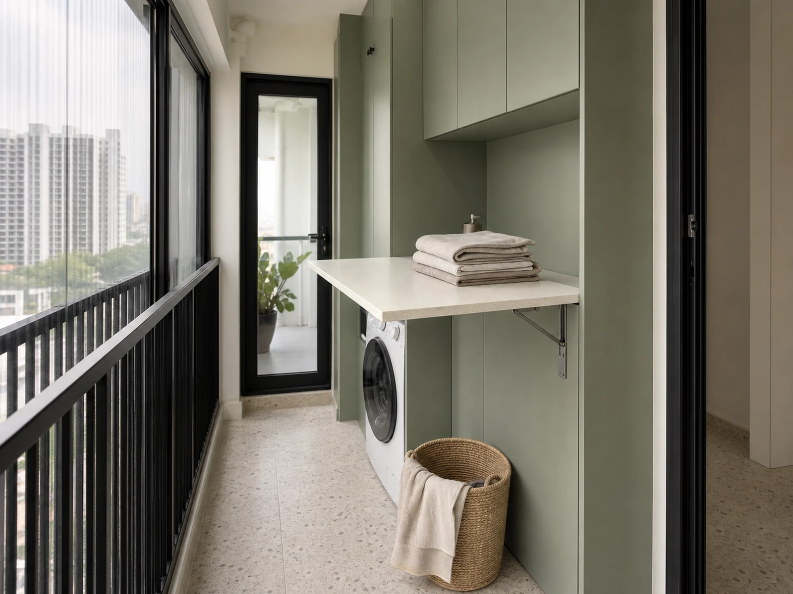 Compact apartment balcony laundry cabinet with an open fold-down counter beside a front-loading washer.