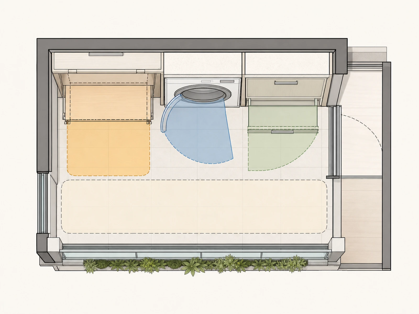 Plan-view illustration showing counter, washer door and cabinet-front movement paths in a balcony laundry layout.