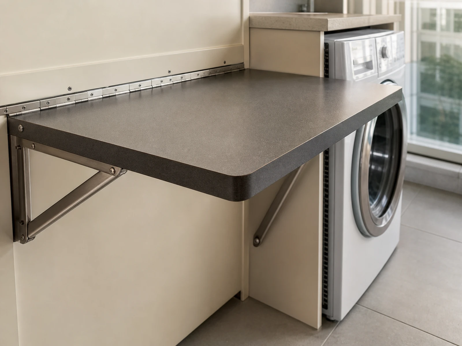 Fold-down counter hinge and support brackets beside a ventilated front-loading washer bay.