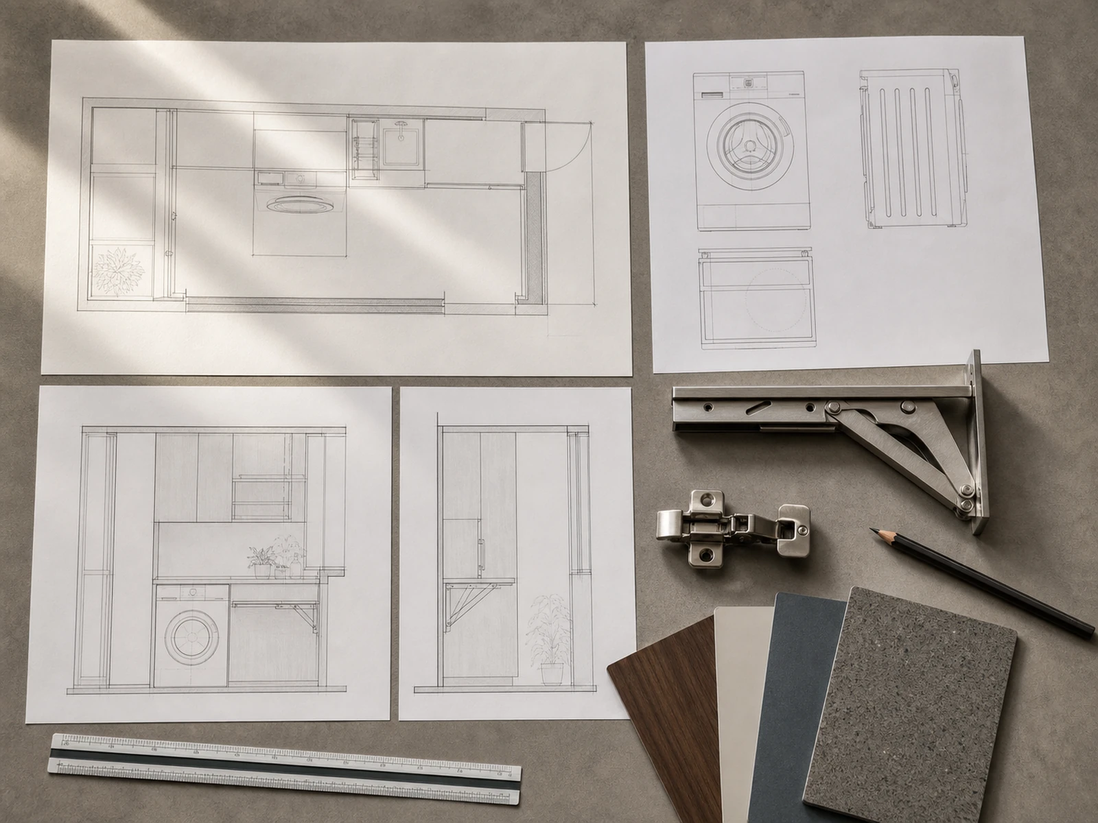 Laundry cabinet drawing review with appliance specifications, bracket sample and neutral material swatches.